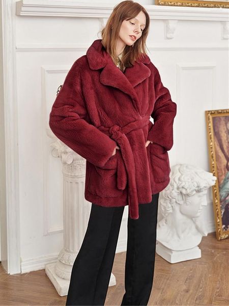 Kadınlar kürk sahte ceket tek göğüslü kemer kadınlar sıcak kalın gevşek bayanlar katlar kış ceket artı boyutu