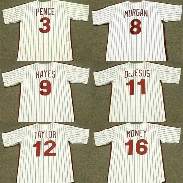 Proword C202 Uomo 3 HUNTER PENCE 8 JOE MORGAN 9 VON HAYES 11 IVAN DeJESUS 12 TONY TAYLOR 16 DON MONEY 1983 Maglia da baseball