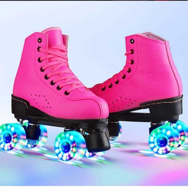 Patins de gelo rosa rosa patins de couro linha dupla homens homens adultos dois sapatos de skate patines com white pu 4 rodas patins l221014