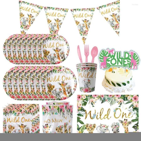 Decorazioni per feste Pink Gold Wild One Theme Stoviglie usa e getta Jungle Animal Paper Cup Plate Decorazioni di compleanno per ragazze