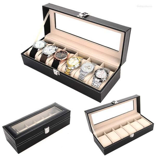 Uhrenboxen Fenster Schwarz Leder Box Fall Professioneller Halter Organizer für Uhr Uhren Schmuck Reise Display Geschenk