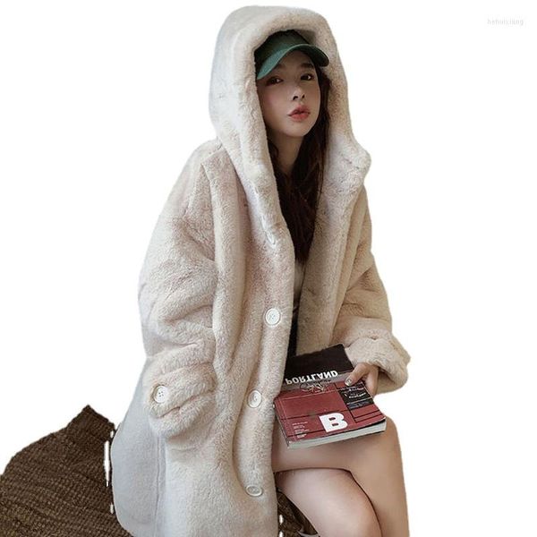 Pelliccia da donna Bella pelliccia invernale da donna Cappotto lungo allentato Cappotto con cappuccio di grandi dimensioni Cappotti di peluche da donna caldi e spessi