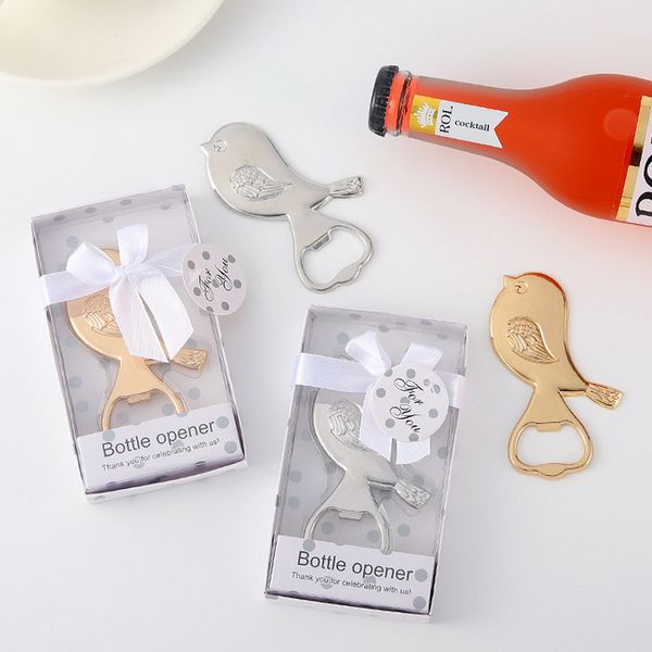 50pcs Amazon Hot Sales Creative Wedding Favors abridores de garrafas Love Bird Design Silver/Gold Wine Beer Abridor de cerveja Gift Box Birthday Party Giveaways