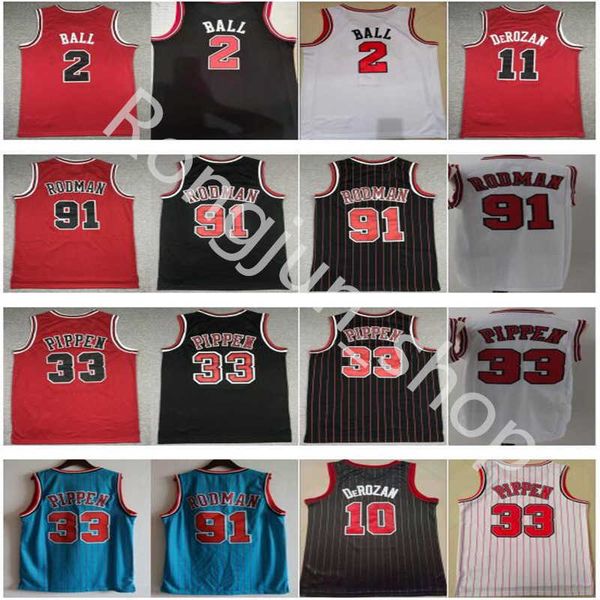 Maglia da basket da uomo 2 Lonzo Ball 11 Demar DeRozan 23 Dennis 91 Rodman Scottie 33 Pippen Rosso Bianco Nero Striscia blu all'ingrosso