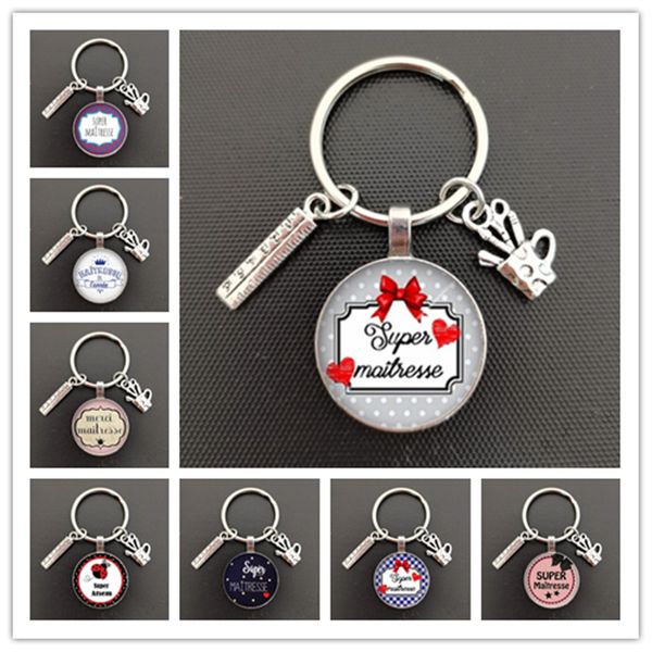 Moda Sevgili Öğretmen Yuvarlak Cam Keychain El yapımı DIY Cetvel Pen Tutucu Dekorasyon Kolye Keyasyon Öğretmen Günü Hediyesi