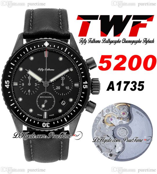 Fifty Fathoms Bathyscaphe A1735 Cronografo automatico Orologio da uomo TWF Flyback Acciaio PVD Quadrante nero Cinturino in nylon con linea bianca Super Edition Puretime C3