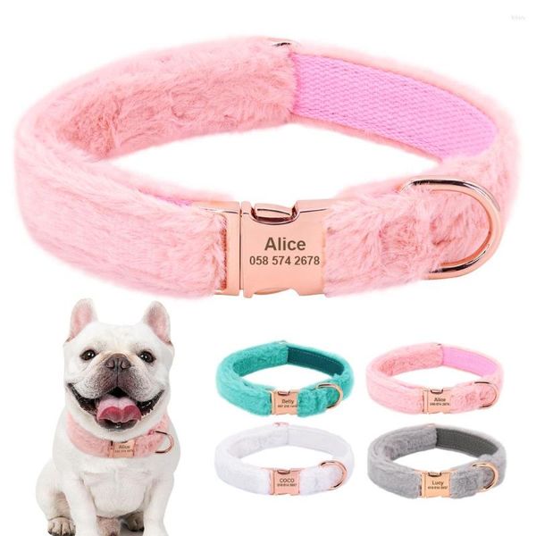 Collari per cani Collare con fibbia personalizzata Cani in morbida pelliccia Targhetta per animali con incisione anti-smarrimento Calda per il freddo inverno Pitbull Pug Collana