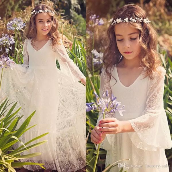 Yeni boho dantel çiçek kız elbise ucuz ülke tarzı küçük kızlar uzun kollu fildişi tatlı ilk cemaat önlük 2-15 yıl için mc0668