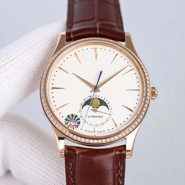 Mechanische Herrenuhr, 39 mm, Gehäuse aus Roségold, Lünette mit Diamant 925, Super-Uhrwerk, vollautomatische Kette, Mondphasenserie, elegante klassische Luxusuhren