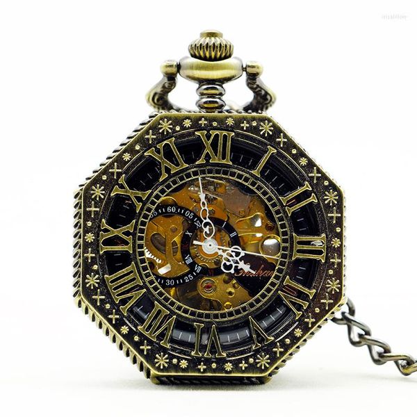 Orologi da taschino Scheletro in bronzo vintage Orologio meccanico a carica manuale Orologio con pendente a faccia aperta Orologio antico a catena spessa