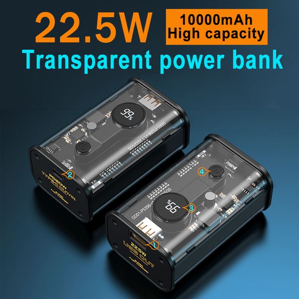 10000mAh Portátil Power Bank Transparente 20W Carga Rápida Bateria de Backup para iPhone 14 13 12 Samsung S22 Xiaomi 12s Ultra