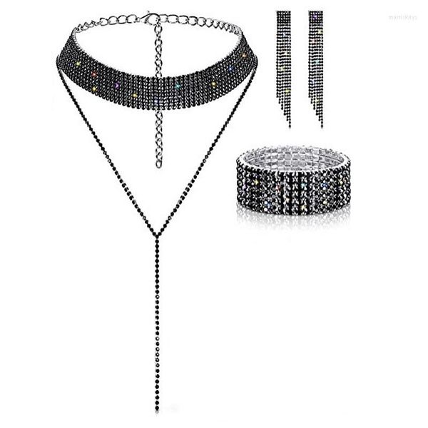 Set girocollo, collana e bracciale con orecchini e bracciale da sposa in cristallo con strass scintillanti a forma di V, colore nero scuro