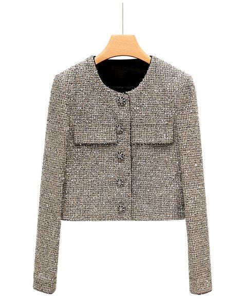 Mulheres O-pescoço O-pescoço único Lurex Lurex Patched Shinny Bling Jackets Silver Colortweed Woolen Desinger Short Coat Smlxl