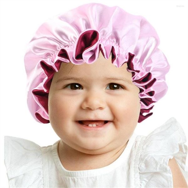 Cappelli Berretto da notte con fascia elastica per bebè Cofano in raso setoso Doppio strato Ragazza Turbante da notte Copricapo solido per bambini Cappello carino