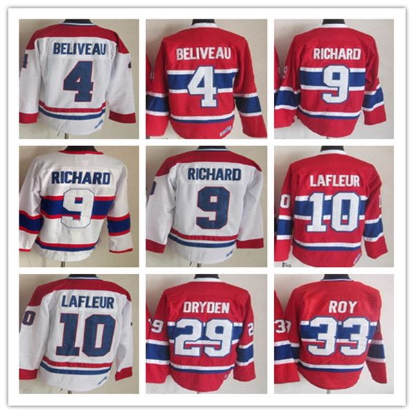 Erkekler Vintage Klasik Montreal Hokey Formaları 10 Guy Lafleur 4 Jean Beliveau 9 Maurice Richard 29 Ken Dryden 33 PATRICK ROY Retro CCM Üniformaları Dikişli