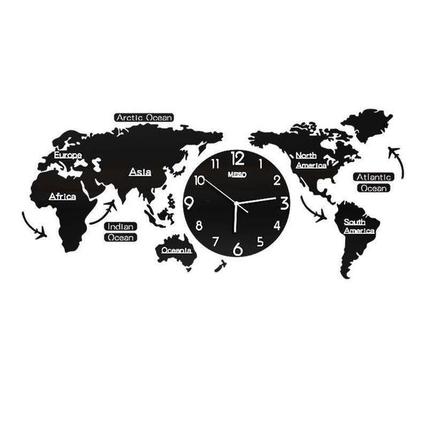 120CM Punch-freies DIY Schwarz Acryl Weltkarte Große Wanduhr Moderne Design Aufkleber Stille Uhr Hause Wohnzimmer küche Dekor