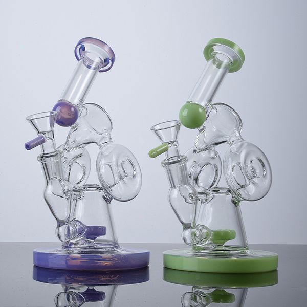 Narghilè piccoli da 7 pollici Doppio riciclatore Bong in vetro Purpel Tubi d'acqua inebrianti verdi Sidecar Impianto petrolifero Tubo piegato Ciambella Perc Dab Rigs XL320