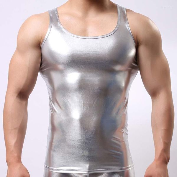 Herren-Tanktops, modisches Herren-Fitness-Top, sexy Kunstleder, ärmellose Tanks, Herren-Bodybuilding-Fitnessstudio-Weste, schwules Unterhemd, Nachtclub-Show-Shirts