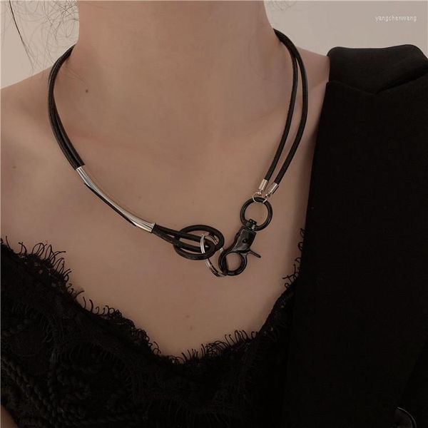 Halsband Amorcome Punk Goth Lock Link Schwarz Leder Kragen Halskette Metall Charm Mode Frauen Mädchen Cool Y2K Schmuck