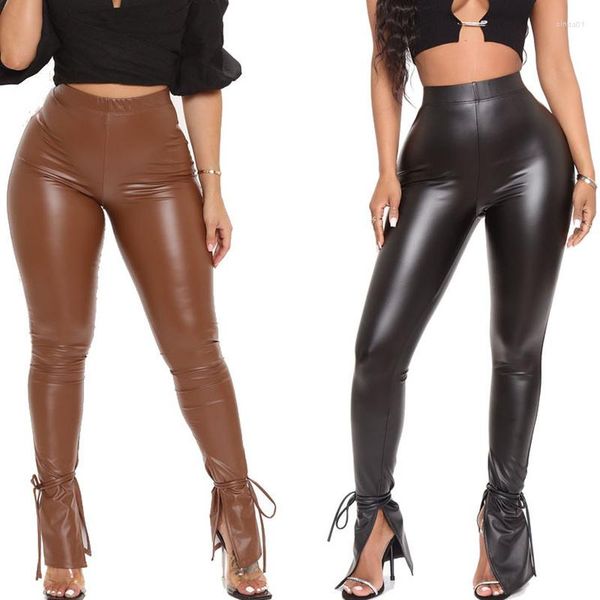 Женские брюки из искусственной кожи, сексуальные расклешенные женские черные блестящие тонкие женские эластичные брюки для фитнеса, эластичные кожаные леггинсы больших размеров