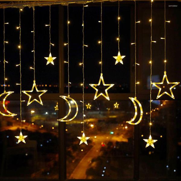 Saiten Ramadan Dekoration 2022 Led Mond Und Stern Fee Vorhang Lichter Urlaub Hochzeit Weihnachten Girlanden Für Zimmer Fenster 3,5 m EU Stecker