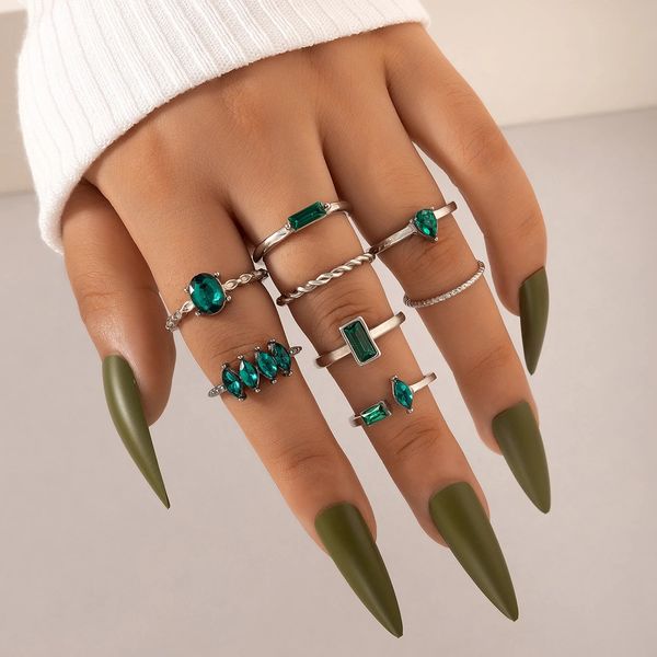 Set di anelli congiunti verde pietra perla di lusso set di ciondoli in lega di metallo color argento per gioielli da donna uomo 8 pezzi / set