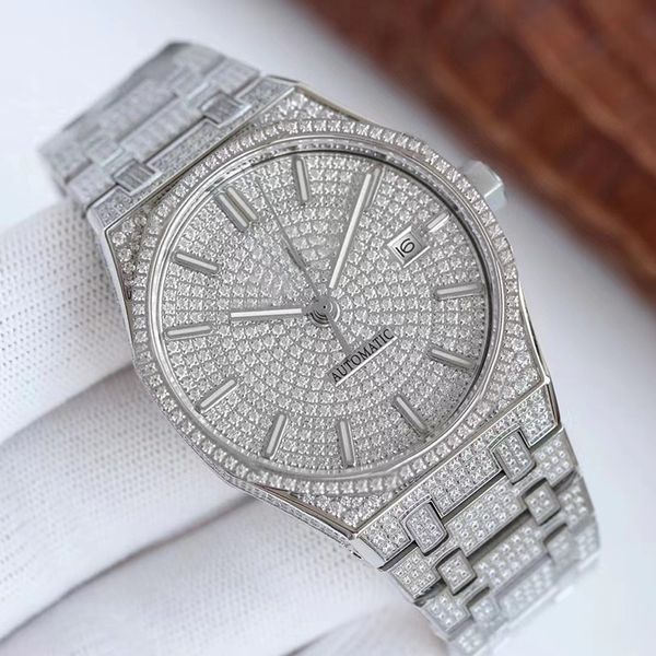 Volledig doorlaat heren automatische machine 41 mm diamant ingelegd fijne stalen armband mode business horloge Montre de Luxe