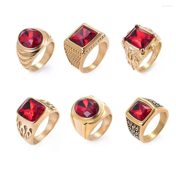 Ringos de cluster Anel de sinalização de pedra vermelha quadrada vintage Men Antique Gold Weding Weaking Jewelry múltiplo múltiplo