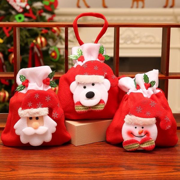 Borsa regalo natalizia con mele Flanella Caramelle Cartone animato con coulisse Borsa natalizia Babbo Natale Pupazzo di neve Orso Custodia regalo portatile RRA266