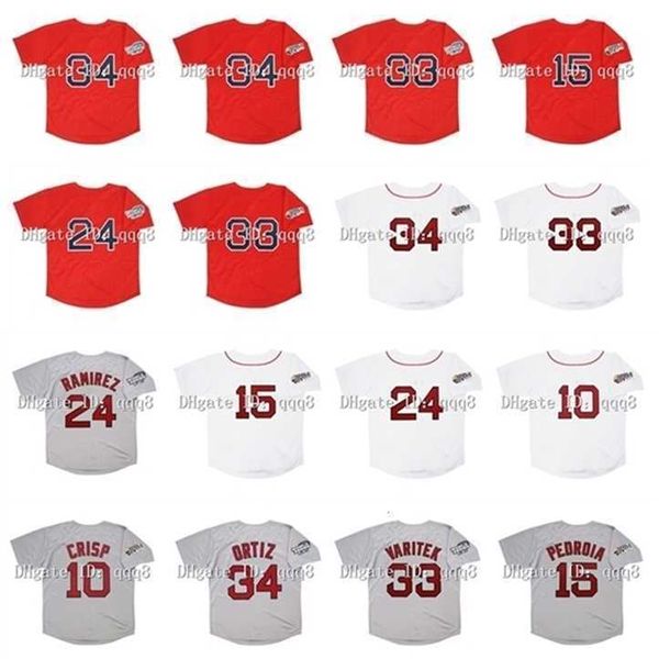 Proword Air01 2004 Retro Manny Ramirez Jersey 2007 David 34 Ortiz 15 Dustin Pedroia 33 Jason Varitek 10 Coco Crisp Vermelho Branco Cinza Vintage Camisas de Beisebol