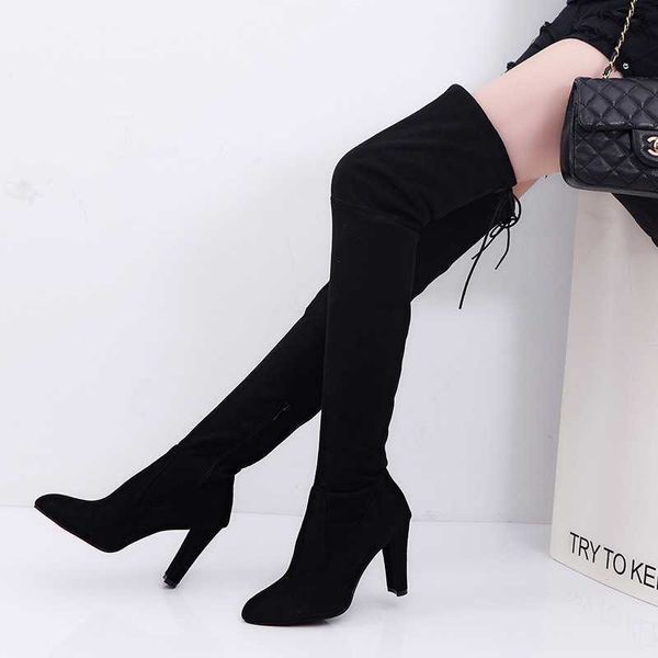 Boots Women 2022 Spring Autumn New Fashion Side Zipper Long foi fino de camurça grossa de salto alto, calça preta de joelho preto y2210