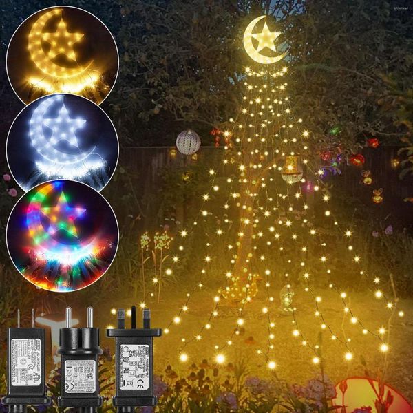 Saiten 8 Modi Timer 350 LED Wasserfall Weihnachtsbaum Lichter mit Topper Mond Stern Outdoor Fee String Memory Girlande Beleuchtung