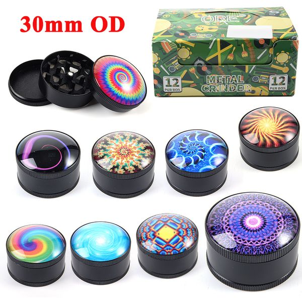 Commercio all'ingrosso 30mm OD Herb Grinders 3 strati metallo in lega di zinco Herbal Crusher Tools Camouflage Tabacco Grinder 3D Colorful Polline Presser Smoking Grinder