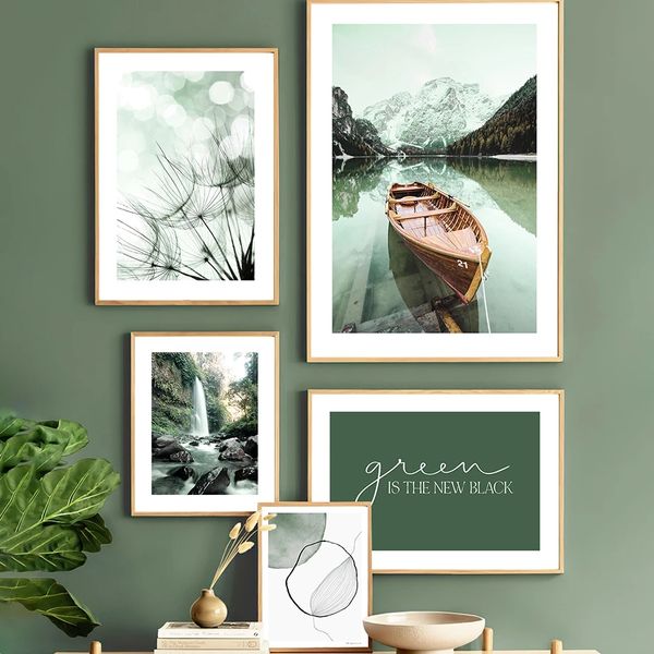 Canvas pintando verde lago lago de leão folhas letras abstrata arte de arte de parede pôsteres nórdicos e impressões de decoração de casa fotos para decoração de sala de estar sem moldura sem moldura