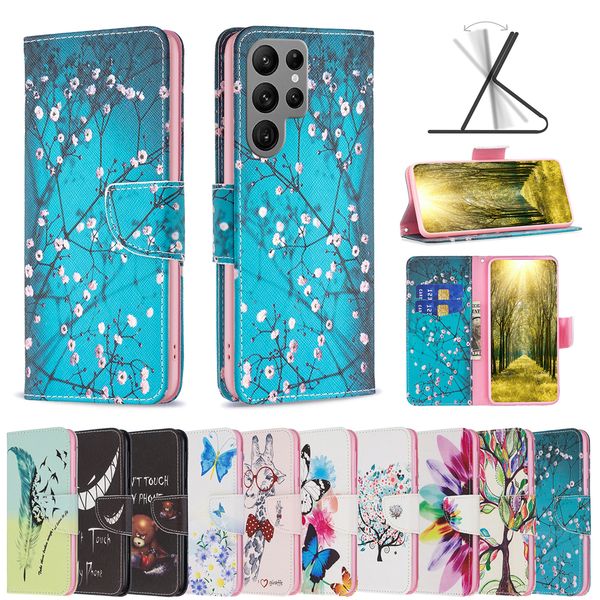 Custodie a portafoglio in pelle stampata per Samsung Galaxy S23 Ultra Plus A14 5G A23E A04 4G Panda Farfalla Fiore Moda Elefante Cartone animato Porta carte d'identità Custodia Flip Cover