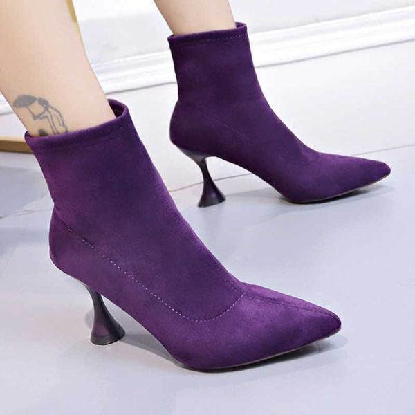 Ботинки на очень высоком каблуке 85 см, короткие осенние и зимние туфли на шпильке, большие размеры, женская модная фиолетовая замшевая обувь J220923