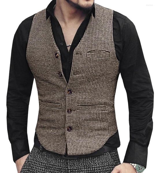 Gilet da uomo Tweed Abito da uomo Gilet con scollo a V Lana Marrone Gilet monopetto pied de poule Casual Formale Business Groomman Per Matrimonio