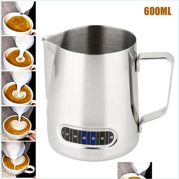 Kaffee Schablonen 600 ml Milch Kaffee Aufschäumen Krug Tasse Küche Blume Handwerk mit Thermometer Pl Edelstahl Krug 220509 Drop Deliv Dhlvu