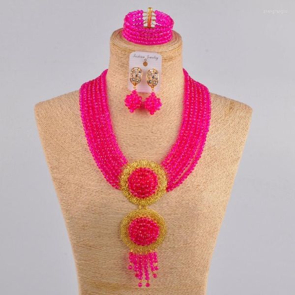 Collana orecchini set fucsia rosa perline africane gioielli cristallo nigeriano costume da sposa per le donne 6CLS01