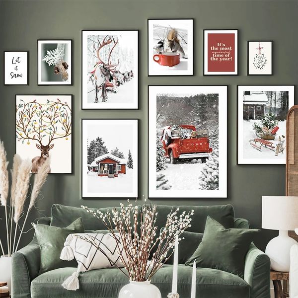 Quadro su tela Natale Red Car Girft Box Cervo Fiocco di neve Dipinti di arte della parete Poster e stampe nordici Immagini a parete per soggiorno per bambini Decorazioni per la casa Senza cornice