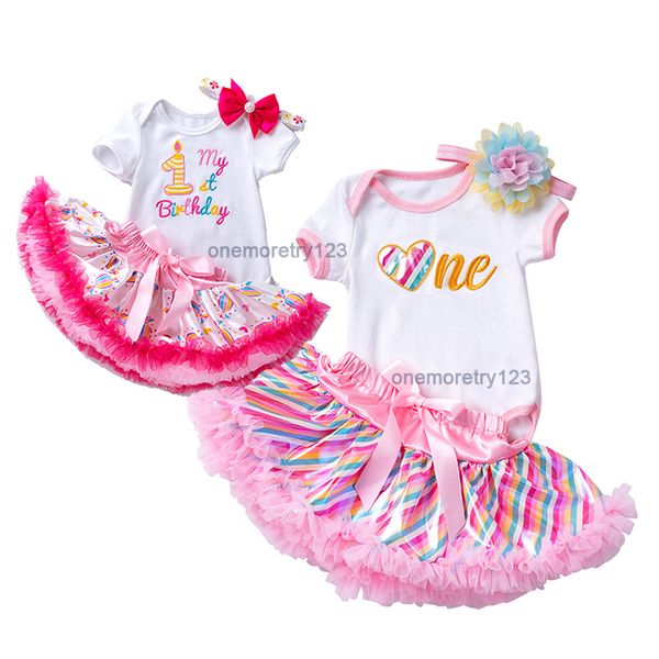 ins Baby Girl 1 ° compleanno lettera ricamo pagliaccetto vestito 3 pezzi / set 0-24 mesi neonato designer volant gonne top in cotone gonna principessa