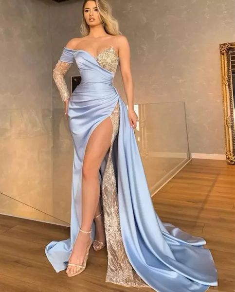 Sexy arabo Aso Ebi elegante abito da ballo a sirena in pizzo con perline alta spacco da sera formale festa di secondo ricevimento abiti taglie forti