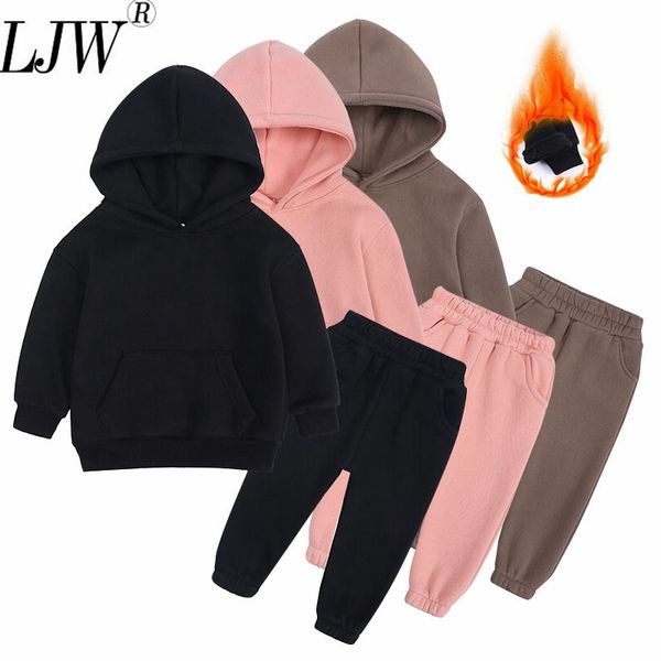 Giyim Setleri Düz Renk Sıradan Hoodie Set Çocuklar Peluş Sıcak İki Parçalı Sonbahar 2-12 yaşındaki Erkek ve Kızlar Spor Toptan 221028