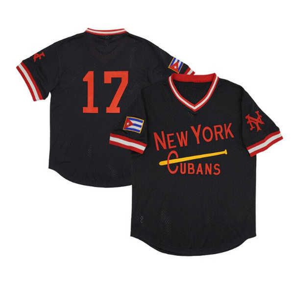 O beisebol universit￡rio usa o Newyork NY Cubans masculino #17 #3 Button-Down Black White Mesh Retro Baseball Jersey Stitched