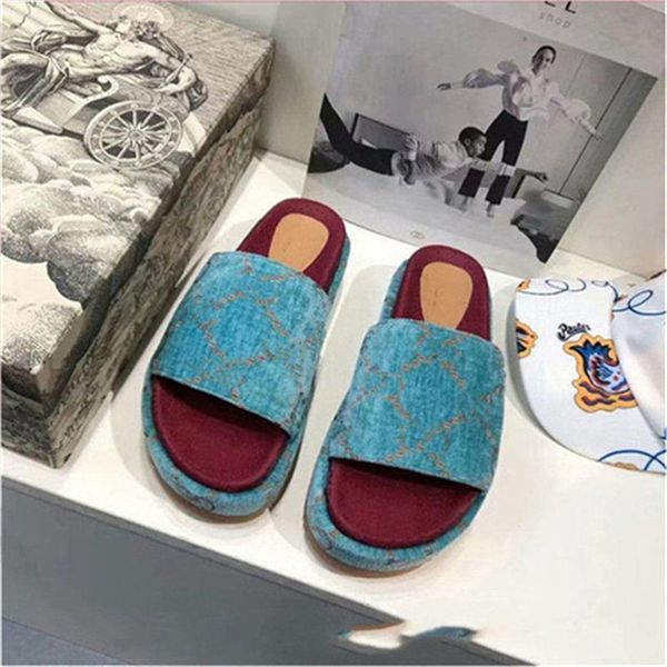 Platform terlik Kadınlar tuval slip-on yüksek topuk slaytlar denim terlik çok renkli süper bej bayanlar tasarımcısı lüks angelina kama sandal 55mm