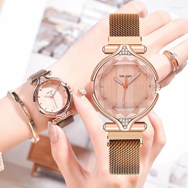 Нарученные часы смотрят женщины розовый золото, миланская группа магнитная пряжка, дамы повседневные простые модные кварцевые часы для женского платья
