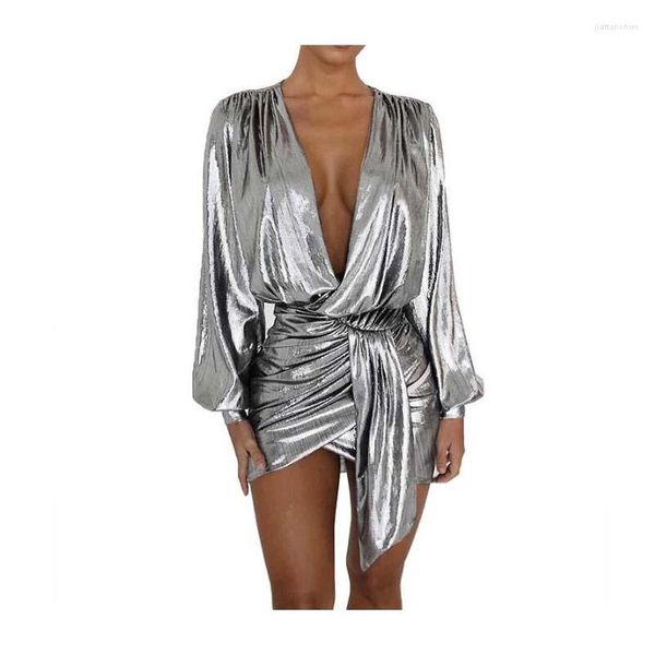 Abiti casual Sexy Mini abito a maniche lunghe argento Donna Scollo a V profondo Increspato Night Out Clubwear Avvolgente metallico Club asimmetrico