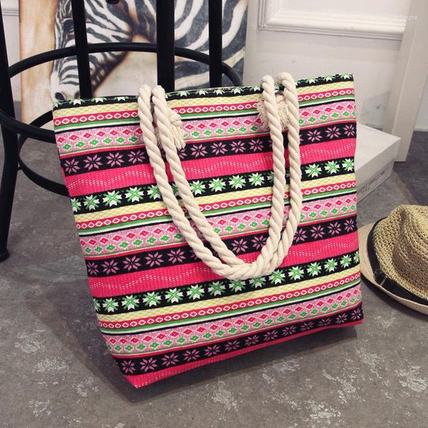 Borse da sera Winmax Summer Women Canvas Stile bohémien Borse casual Shopping Big Bag Donna Spalla a righe Beach Messenger floreale