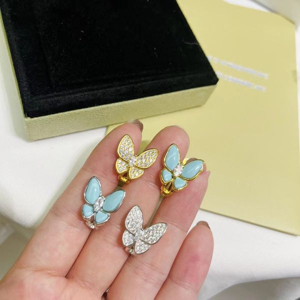 Klasik Van Vintage Designer Charm Küpe S925 STERLING Gümüş Mavi Sır Taşı Tam Kristal Butterflly AB İki farklı çift saplama Kutulu Kadınlar İçin