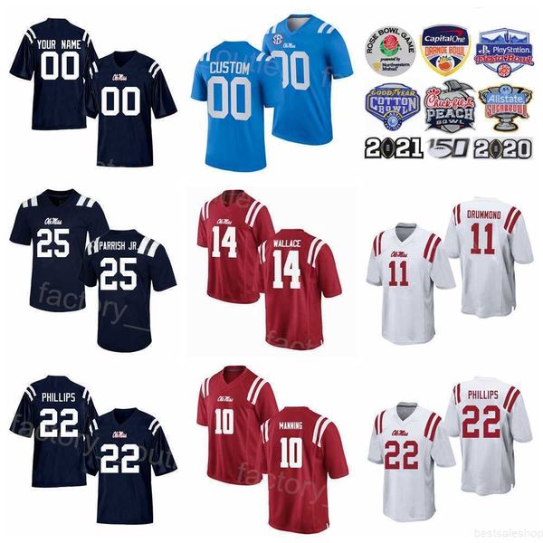 NCAA Football Ole Miss Rebels College 10 Maglia Eli Manning 49 Patrick Willis 10 Chad Kelly 14 Bo Wallace 22 Scottie Phillips 84 Kenny Yeboah University Nome personalizzato